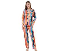 RuanMM Set pigiama da donna in raso setoso, a maniche lunghe, top e pantaloni da notte con bottoni, Multicolore-arcobaleno, L