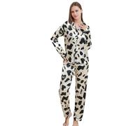 RuanMM Set pigiama da donna in raso setoso con top a maniche lunghe e biancheria da notte lunga setosa con bottoni, Multicolor-mucca Bianco, XL