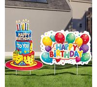 Ruarruly Segnali di compleanno per cortile, confezione da 2, decorazioni per prato con paletti, torte e palloncini