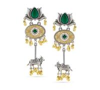 Rubans Orecchini da donna in argento e oro, placcati a doppia placcatura ossidata, con pietra verde smeraldo, motivo loto, design a forma di mucca - Stile festivo ed etnico