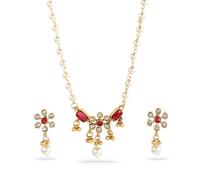 Rubans Set di gioielli Kundan placcato oro 22 carati, verde smeraldo e rosa rubino, con perle dorate a forma di loto