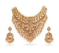 Rubans Set di gioielli per donne e ragazze placcati in oro 22 K, con pietre rosse, verdi e bianche con motivo Lakshmi, set di gioielli tradizionali da sposa in ottone