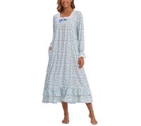 Rubehoow - Camicia da notte da donna, in stile vittoriano, vintage, a maniche lunghe, in cotone morbido, abito da notte, vestibilità ampia, S-3XL, floreale blu, 3XL