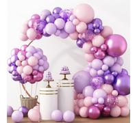 RUBFAC Kit di 129 ghirlande di palloncini rosa, viola, diverse dimensioni, confezione da 18, 30, 25, 25, 12 cm, in lattice, metallizzati, lavanda, viola, rosa pastello, rosa, kit per compleanno