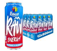 Rubicon RAW - Confezione da 12 bevande energetiche al lampone e mirtillo, 500 ml, 20% vero succo di frutta, alta caffeina con vitamine del gruppo B, ginseng e guaranà, senza coloranti o aromi