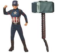 Rubies Costume Capitan America Endgame per bambini, Tuta, copristivali e maschera & Martello di Thor Bambino in Plastica, Impugnatura in Plastica Stampata
