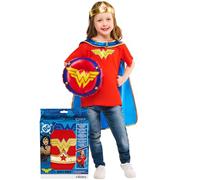 Rubies Set ufficiale Warner Brothers Wonder Woman, 4 pezzi, include tiara, mantello, scudo gonfiabile, top, taglia 4-6 anni