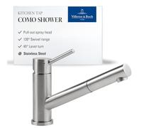 Rubinetteria da cucina Villeroy & Boch Como Shower, alta pressione, con doccetta estraibile e ruotabile a 120°, miscelatore per lavello a risparmio idrico, altezza bocchetta 120mm, acciaio inox