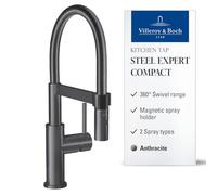Rubinetteria da cucina Villeroy & Boch Steel Expert Compact, alta pressione, rubinetto da cucina con funzione di commutazione e doccetta estraibile, altezza bocchetta 143mm, colore anthracite