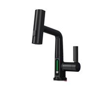 Rubinetti della cucina, Rubinetto for lavabo a cascata estraibile for cucina e bagno, Display digitale for temperatura pioggia Nessuna batteria Acciaio inossidabile SUS604(A-Black)