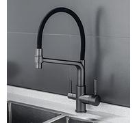 Rubinetto 3 Vie Cucina Rubinetteria Cucina con Doccetta Estraibile Beccuccio Silicone Miscelatore 3 Vie Rubinetti Cucina Doccetta Doppio Manico per Depuratore Osmosi Inversa Grigio Pistola