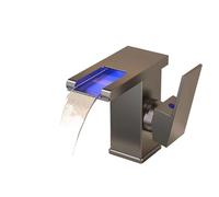 Rubinetto a cascata in rame con luce LED luminosa per bagno, sopra il bancone, acqua calda e fredda (grigio pistola)