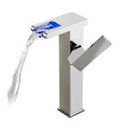 Rubinetto a cascata per lavabo a LED, moderno in ottone, miscelatore monocomando per lavabo da bagno con acqua calda/fredda, finitura cromata, tubi standard britannici, design di illuminazione di