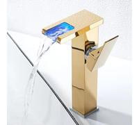 Rubinetto a cascata per lavabo a LED, rubinetto miscelatore moderno in ottone per lavabo da bagno per acqua calda/fredda, tubi standard britannici, finitura dorata, design elegante e funzionale