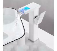 Rubinetto a cascata per lavabo del bagno con LED che cambia colore, quadrato, con beccuccio alto, con tubo di alimentazione dell'acqua, design moderno bianco per una decorazione domestica elegante