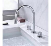Rubinetto Bagno 3 Fori Miscelatore Estraibile Lavabo Bagno Collo di Cigno Rubinetto Lavello 2 Pomelli,cromato