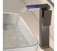 Rubinetto Bagno Lavabo, LED Rubinetto Alto Lavabo Bagno 3 Colori Che Cambiano, Miscelatore Monocomando Lavabo Cascata, Fredda e Calda Regolabile con Tubo di Aspirazione,Grigio,High