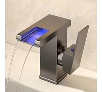 Rubinetto Bagno Lavabo, LED Rubinetto Alto Lavabo Bagno 3 Colori Che Cambiano, Miscelatore Monocomando Lavabo Cascata, Fredda e Calda Regolabile con Tubo di Aspirazione,Grigio,Short