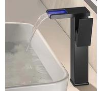 Rubinetto Bagno Lavabo, LED Rubinetto Alto Lavabo Bagno 3 Colori Che Cambiano, Miscelatore Monocomando Lavabo Cascata, Fredda e Calda Regolabile con Tubo di Aspirazione,Nero,High