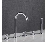 Rubinetto Bordo Vasca da Bagno con Doccetta 5 Fori Acqua Fredda e Calda Doppia Maniglia Rubinetteria Vasca Ottone-Cromo Placcato