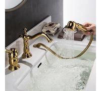 Rubinetto Bordo Vasca da Bagno Oro 3 Fori Rotazione 360° Rubinetto Vasca da Bagno con Doccetta in Ottone