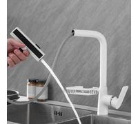 Rubinetto Cucina con Doccetta Estraibile Ottone Maniglia Singola Monoforo Acqua Fredda e Calda-Bianco