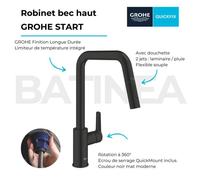 Rubinetto cucina - Miscelatore monocomando lavello - Nero opaco - Bocca a U alta - Doccia estraibile - GROHE Start - 306312430