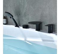 Rubinetto da bagno a cascata a 4 fori nero con soffione estraibile e tubo, rubinetti da bagno moderni con attacco per doccia per un bagno di lusso