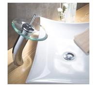 Rubinetto da bagno a cascata in vetro moderno ed elegante - Miscelatore monocomando cromato con disco in vetro temperato, altezza 12 cm, ideale per bacini di acqua calda e fredda