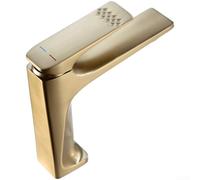 Rubinetto da bagno in lega di rame, miscelatore monocomando con valvola a disco in porcellana per acqua calda e fredda, finitura dorata, design ergonomico con beccuccio inclinato, struttura in metallo