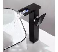 Rubinetto da bagno nero ad arco alto con luce LED che cambia colore Design quadrato flusso d'acqua a cascata include tubo di alimentazione Rubinetto miscelatore moderno per lavello per arredamento