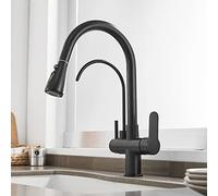 Rubinetto da cucina a 3 vie con spruzzatore estraibileElegante collo di cigno nero Doppia maniglia girevole a 360° Rubinetto filtro acqua 3in1 per case moderne