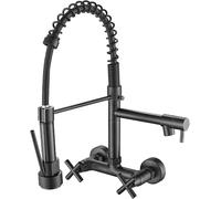 Rubinetto da cucina a montaggio a parete nera con spruzzatore a tiro verso il basso, rotazione a 360 °, doppio foro, rubinetto del mixer in ottone, acqua calda e fredda, design a molla, doppie