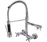 Rubinetto da cucina a montaggio a parete nera con spruzzatore a tiro verso il basso, rotazione a 360 °, doppio foro, rubinetto del mixer in ottone, acqua calda e fredda, design a molla, doppie