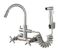 Rubinetto da cucina a parete con doccetta estraibile in acciaio inox 304 a doppia maniglia design a doppia parete miscelatore per lavello acqua calda grande bocca curva ideale per lavandini.