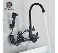 Rubinetto da cucina a parete con doccia portatile ad alta pressione Rubinetto per lavello da cucina con acqua calda/fredda Beccuccio girevole a 360°