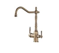 Rubinetto da cucina con filtro in ottone anticato, montaggio sul ponte, doppia maniglia, miscelatore for acqua calda e fredda a 3 vie Con controllo di flusso(Antique Brass)