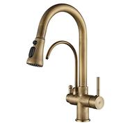 Rubinetto da cucina con filtro in ottone anticato, rubinetto for acqua potabile, girevole a 360°, estraibile, con spruzzatore a tre funzioni, miscelatore da cucina a due maniglie.