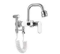 Rubinetto da Cucina con Montaggio a Parete Doppio Foro Acqua Calda e Acqua Fredda Rubinetto per lavello con Pistola a spruzzo Multifunzione in Ottone per Cucina Bagno-Cromo