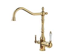 Rubinetto da cucina girevole a 3 vie Rubinetti ad arco alto con doppia maniglia in ottone for lavello(Gold-1)