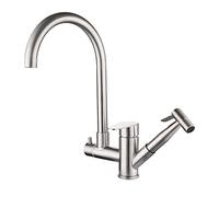 Rubinetto da cucina girevole a 360 ° ad arco alto in acciaio inossidabile 304 spazzolato miscelatore per lavello a doppia maniglia con spruzzatore estraibile Rubinetto da cucina multifunzionale per