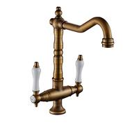 Rubinetto da cucina in ottone antico con pazzo a doppia maniglia a rotazione a 360 gradi Tap a doppia maniglia per aeratore di ceramica bianca del lavello da cucina retrò LWX