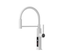 Rubinetto da cucina in ottone spazzolato con display a LED, miscelatore girevole caldo freddo estraibile monoforo,Sicuro e affidabile(White)