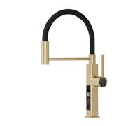Rubinetto da cucina in ottone spazzolato con display a LED, miscelatore girevole caldo freddo estraibile monoforo,Sicuro e affidabile(BRUSHED GOLD)