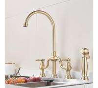 Rubinetto da cucina in rame pieno girevole con tre fori caldo e freddo doppio rubinetto con oro spazzolato - quattro fori [con pistola a spruzzo]