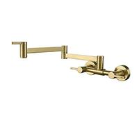 Rubinetto da cucina pieghevole in ottone con braccio oscillante, Miscelatore acqua calda e fredda a doppio foro montato a parete 3 maniglie,Nero(Brushed Gold)