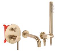 Rea Lungo Gold Brush RUBINETTO VASCA DA INCASSO + Box Miscelatore Vasca con Doccetta in Ottone per Bagno Caldo e Freddo Orientabile (Oro Spazzolato)