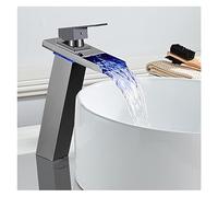 Rubinetto del bagno del bacino della cascata del LED nero Rubinetti miscelatori 'acqua calda e fredda montati sul ponte Rubinetti a tre colori che cambiano dalla batteria(Black A - Tall)