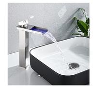 Rubinetto del bagno del bacino della cascata del LED nero Rubinetti miscelatori 'acqua calda e fredda montati sul ponte Rubinetti a tre colori che cambiano dalla batteria(Brushed A - Tall)