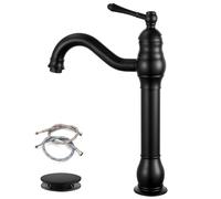 Rubinetto del lavandino della nave nera opaca - Mixer a manico a manico singolo Tocca con drenaggio a pop -up Montaggio del ponte da becco alto per vanità da bagno e bar - elegante e resistente